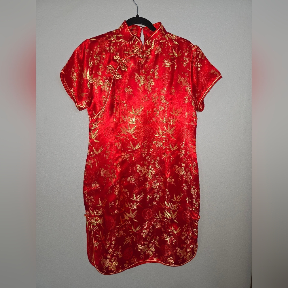 Cheongsam Red and Gold Floral Mini Dress